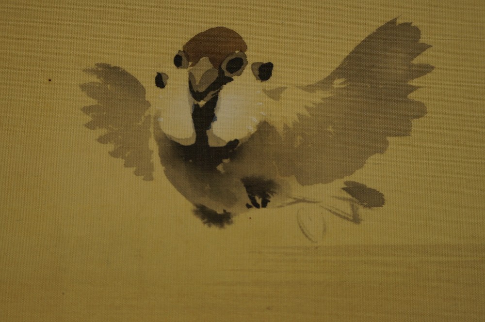 Japanisches Rollbild Spatz und Sakura Feder Motiv Nahaufnahme