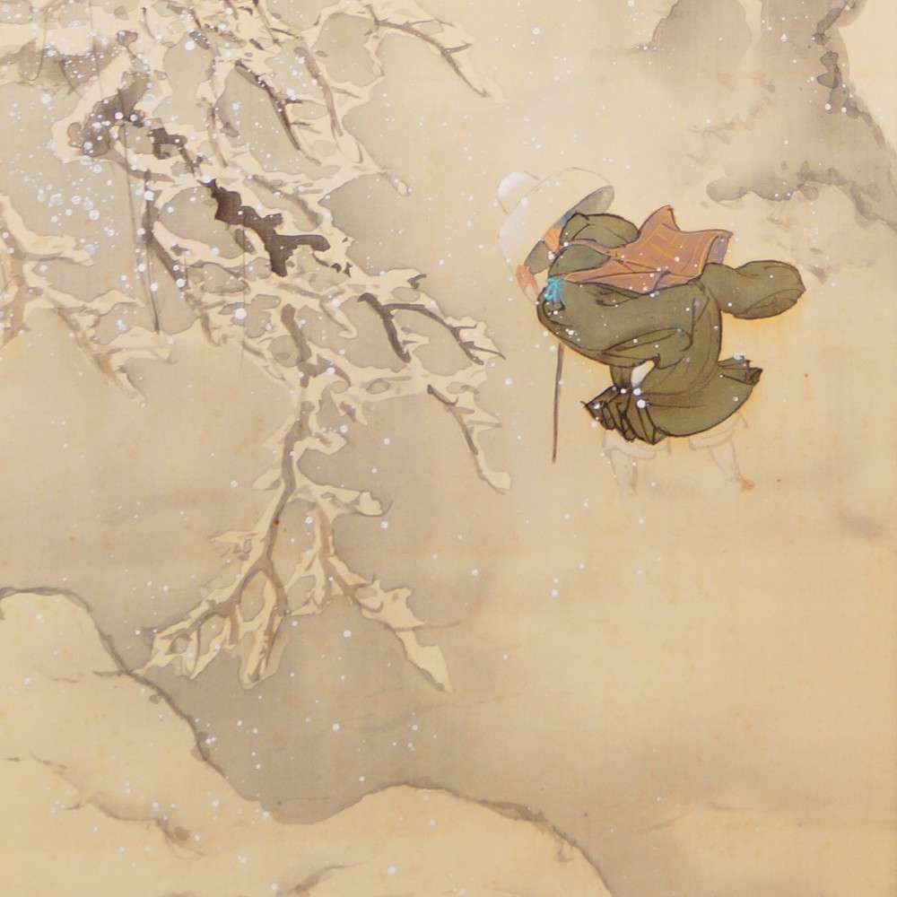 Zen-Moench mit Wanderstab im Schneetreiben neben einem schneebedeckten Zweig im Kakemono von Muraoka Moega