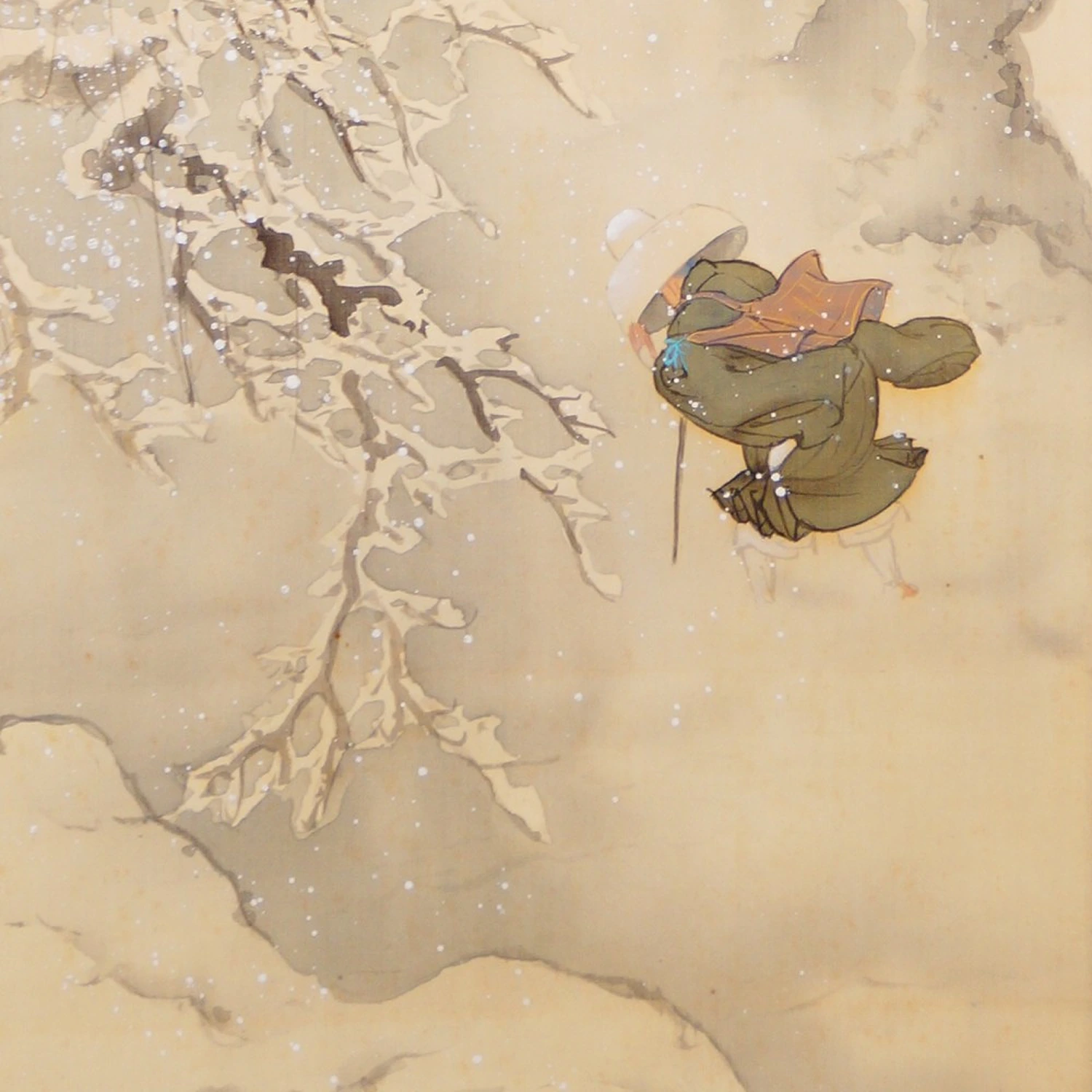 Zen-Moench mit Wanderstab im Schneetreiben neben einem schneebedeckten Zweig im Kakemono von Muraoka Moega