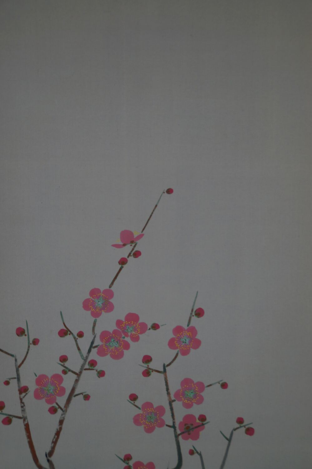 Vista de detalle de una rama mas fina con flores de ciruelo aisladas en el kakemono