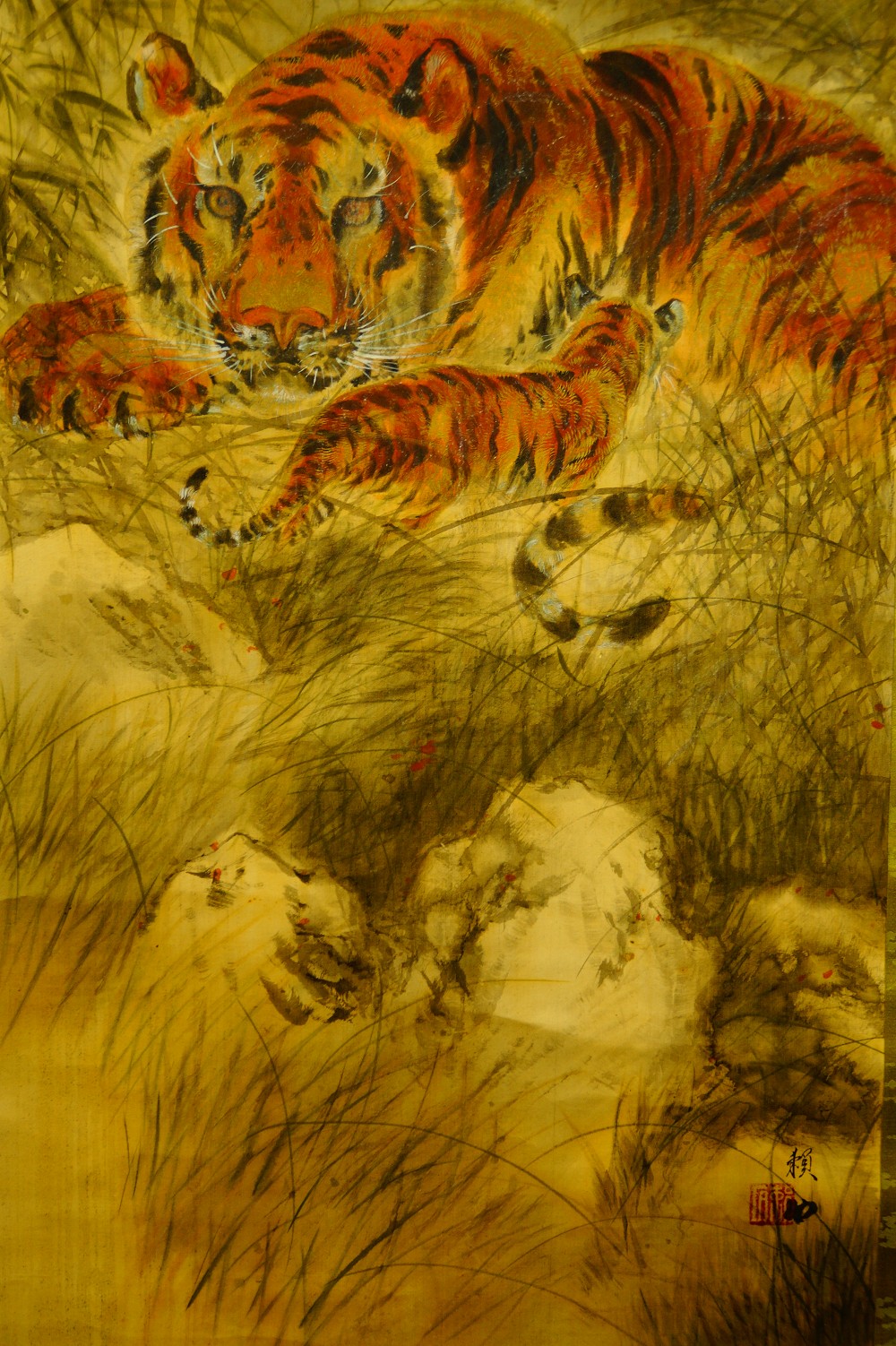 Tiger und Junges Kakemono von Tamaoki Raiseki Tiger-Motiv Nahaufnahme 2