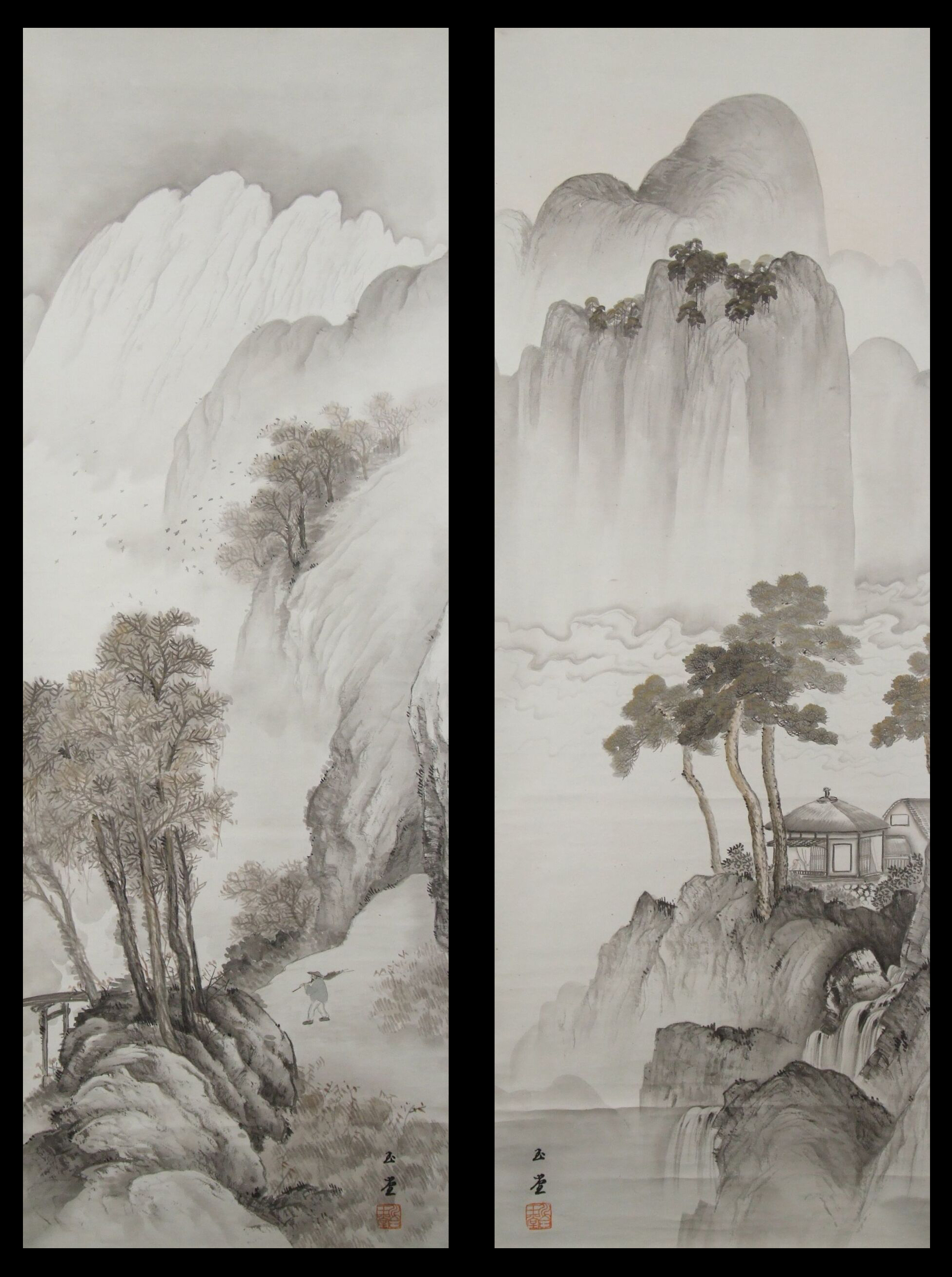Motif d'ensemble des deux kakemono de l'ensemble Paysages à l'encre côte à côte, sans montage