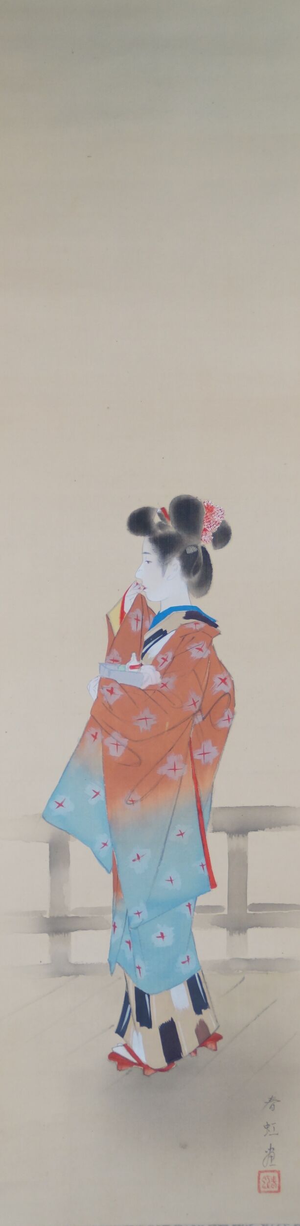 Gesamtmotiv des Kakemono Schoenheit im Kimono mit junger Frau im Kimono vor Mond und Gelaender, ohne Rahmung