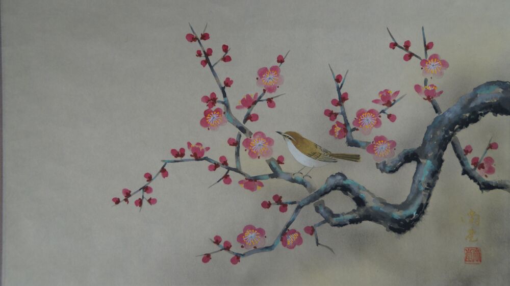 Gesamtmotiv des Kakemono Singvogel am bluehenden Pflaumenbaum mit Vogel und Pflaumenzweig, ohne Rahmung