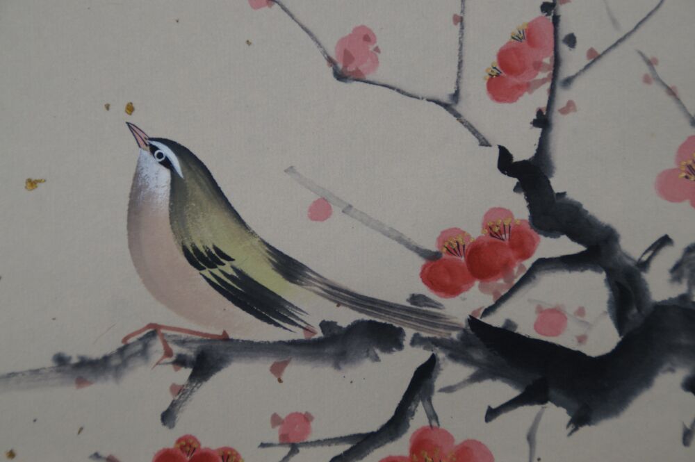 Detail view of a kachō-ga painting by Sugaya Hosen showing a bird on a blossoming plum branch.