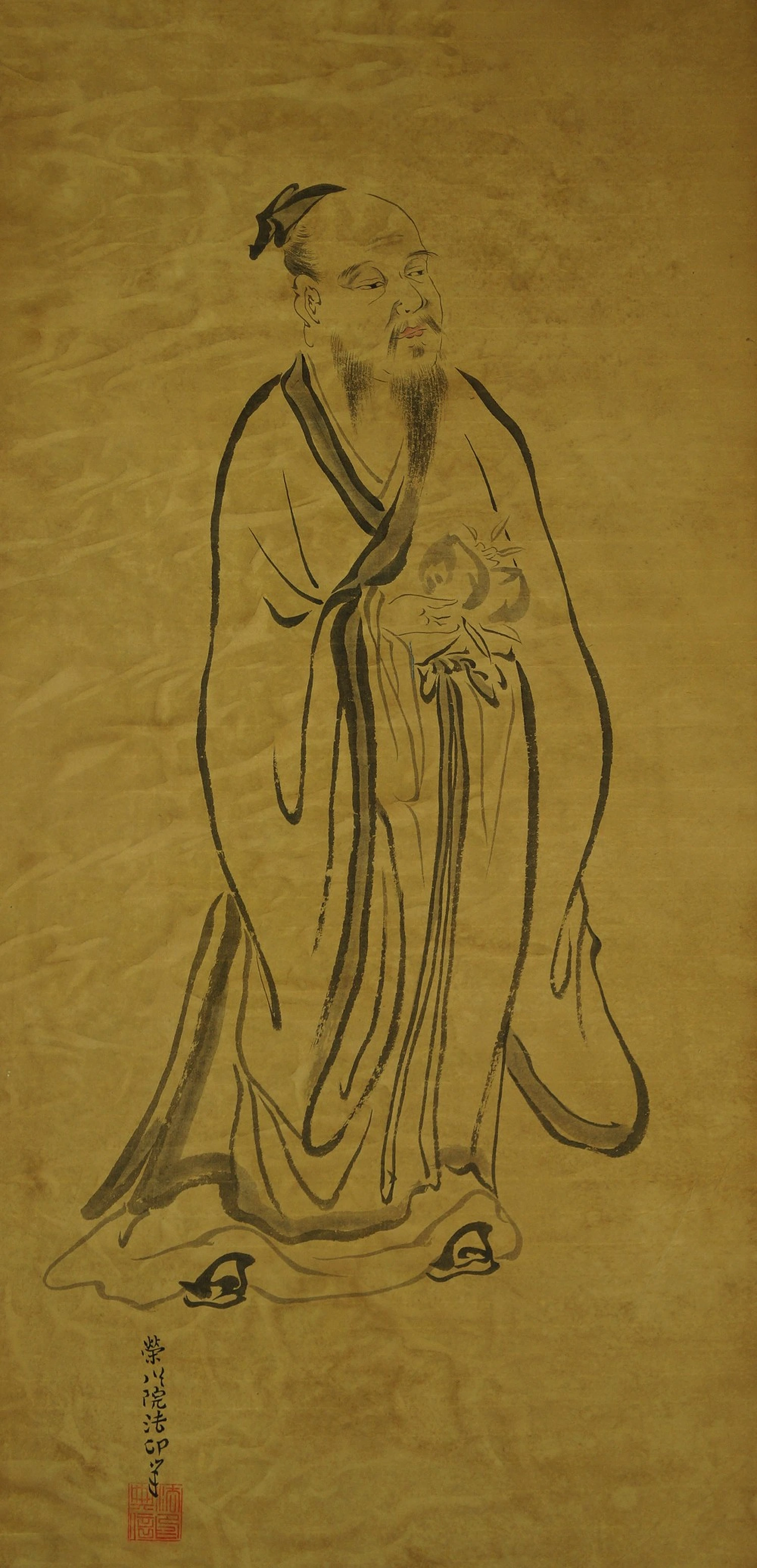 Sage with Peach Hanging Scroll Full Motif Without Mounting