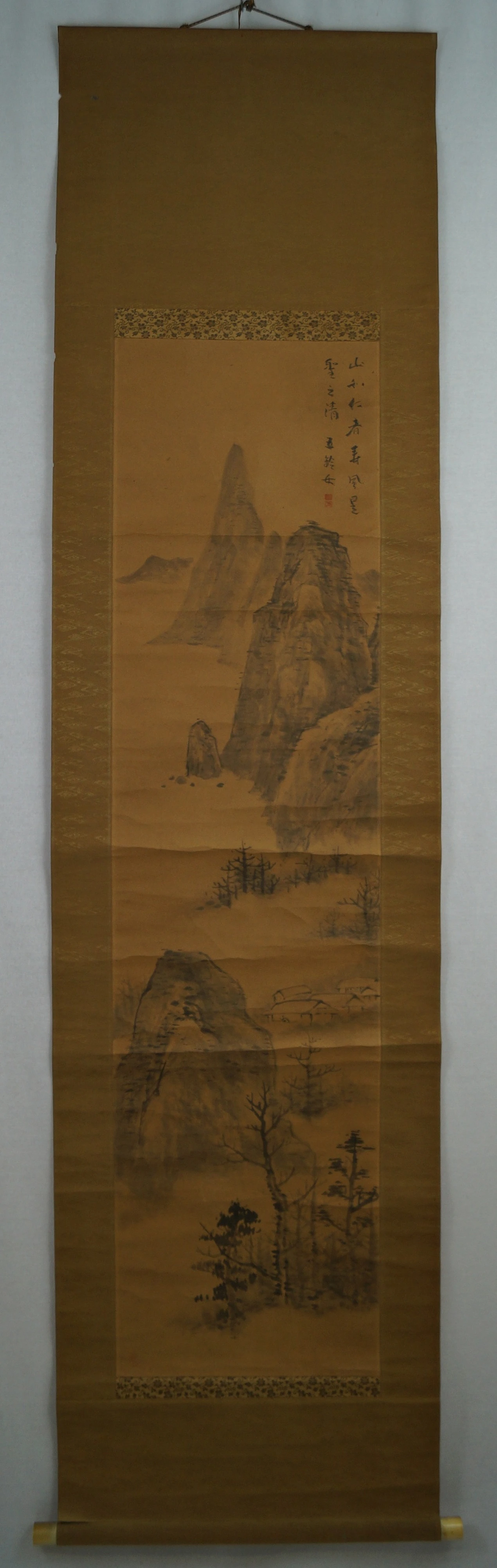 Mountain village at the foot of the cliff full view of the hanging scroll with fabric mounting full view hanging scroll