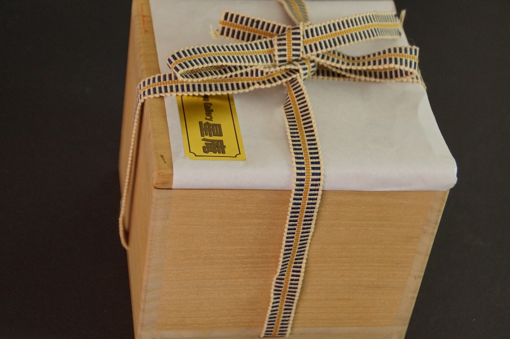 Chawan aus Shino-Keramik von Noritoshi Takagi Aufbewahrungsbox mit Kordel