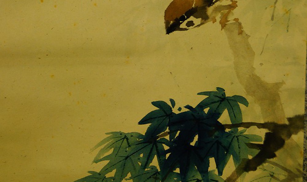 Kakemono von Matsuura Shōdō: Spatz auf Bambuszweigen, in Tusche auf Seide.