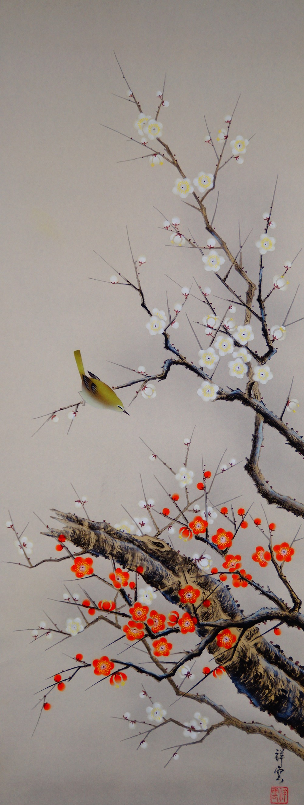 Fruehlingszweig mit Vogel Kakemono von Arii Shoun Gesamtmotiv ohne Rahmung