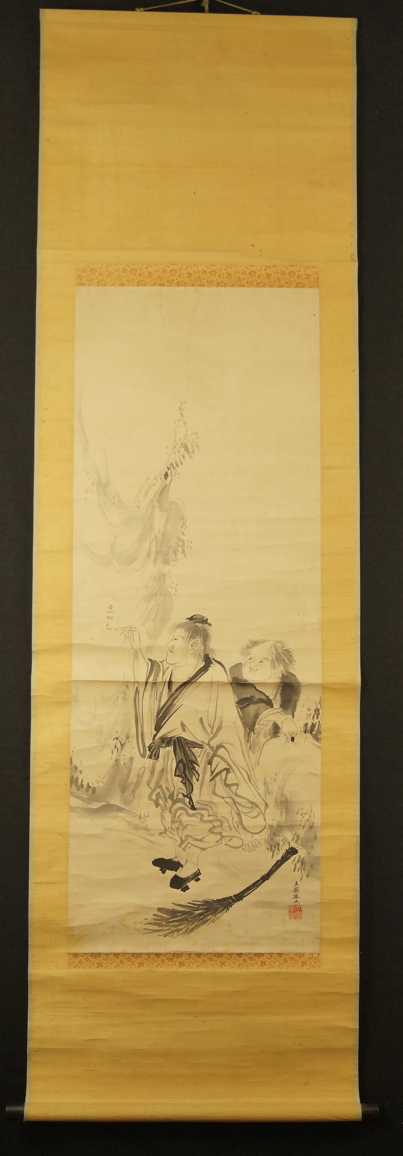 Kanzan und Jittoku mit Besen Gesamtansicht Rollbild