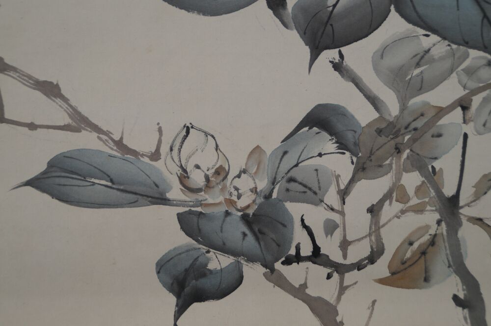 Nahaufnahme der Knospen und Blaetter des Kamelienastes im Kakemono Singvogel auf bluehendem Kamelienast