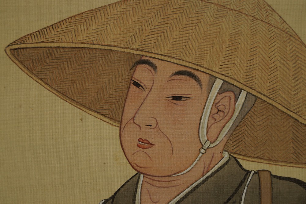Japanisches Rollbild Zen Moench Gesichtsdetail Nahaufnahme