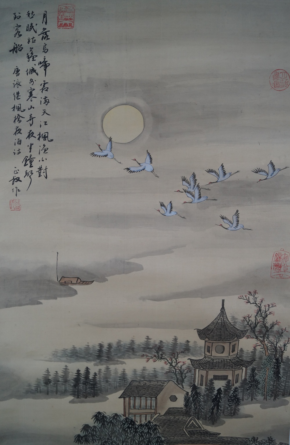 Paysage au clair de lune Kakejiku Gros plan du motif des grues