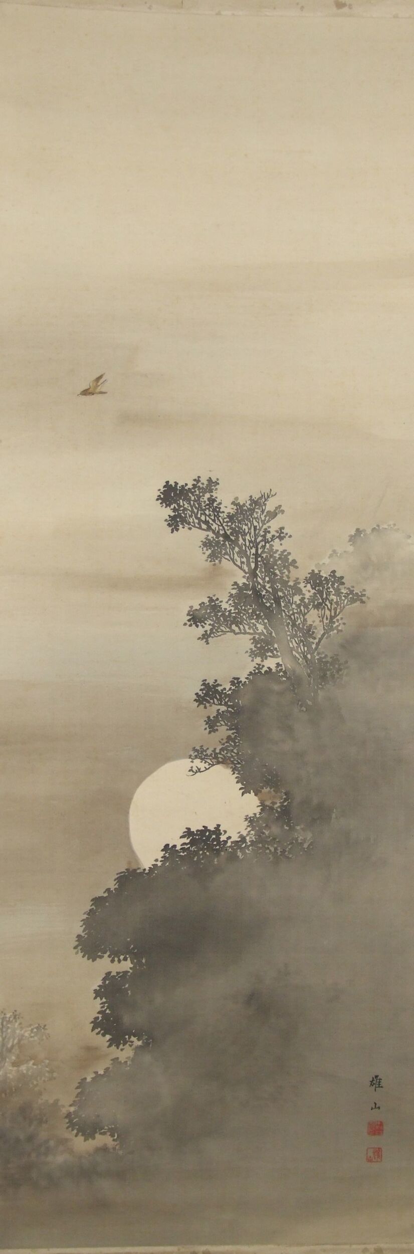 Weitere Ansicht des Gesamtmotivs mit Vogel, Baum, Vollmond und Kuenstlersignatur, ohne Rahmung
