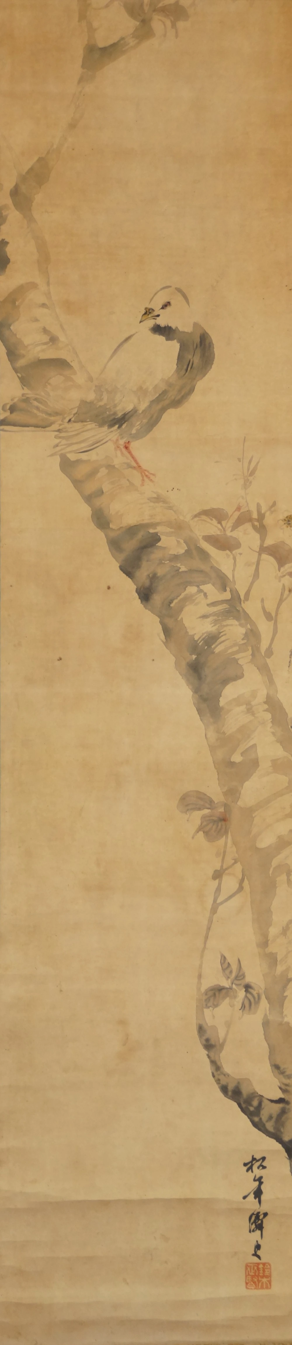 Gesamtansicht des haengenden Kakemono mit Taube auf bluehendem Ast
