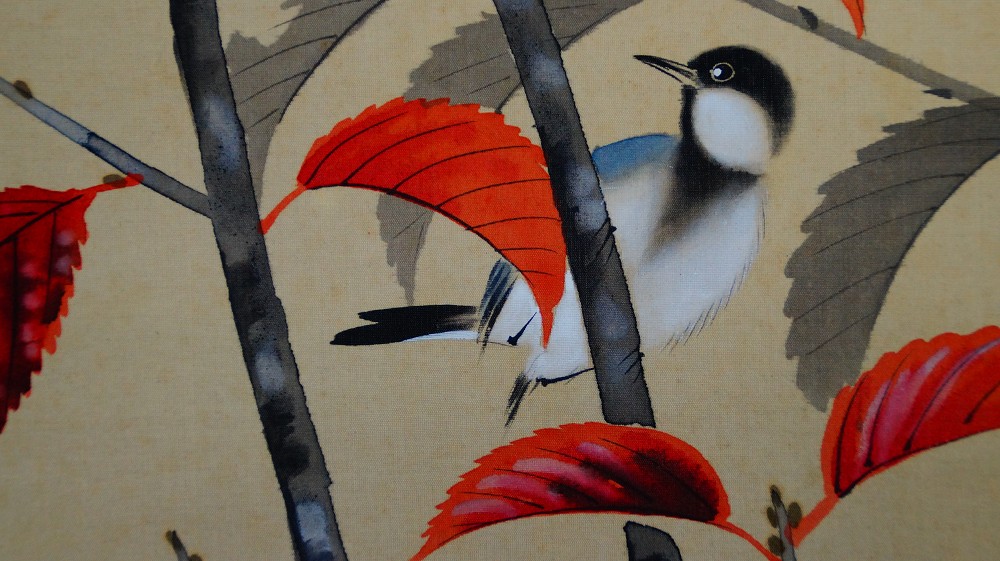 Herbstwind im Bambushain Kakemono von Abe Kinshu Voegel-Motiv Nahaufnahme
