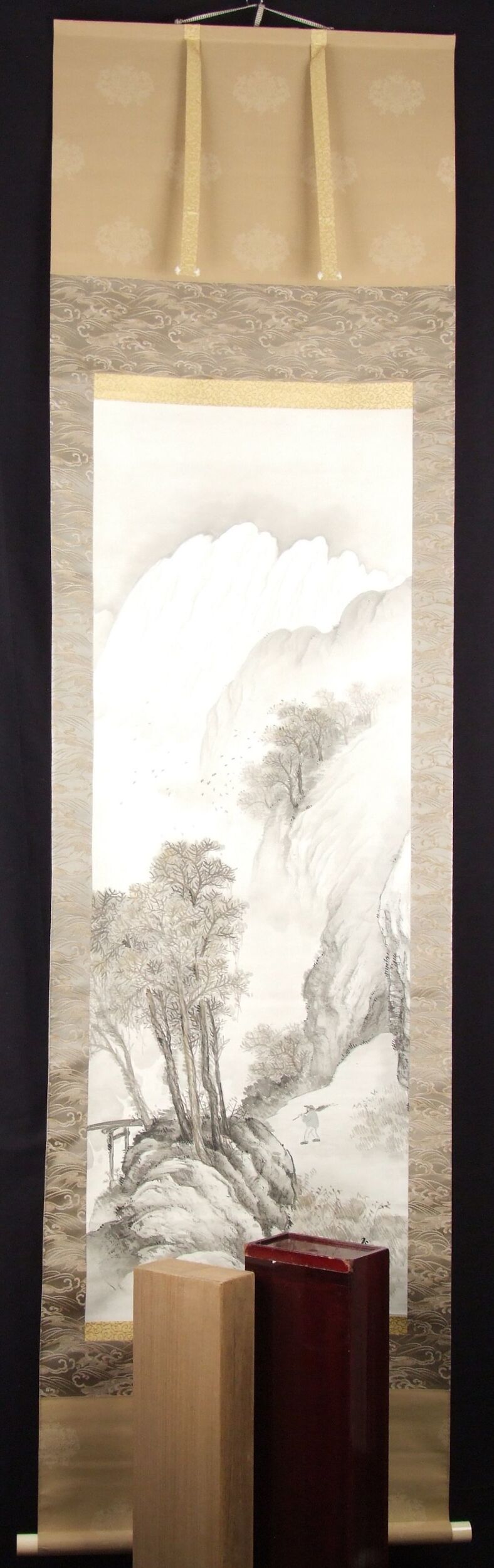 Kakemono paysage avec voyageur par Kawai Gyokudo en vue complète encadrée