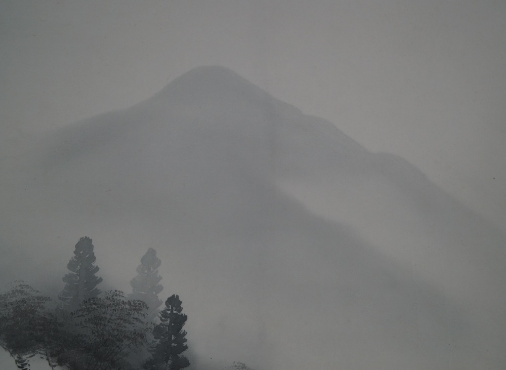 Paisaje de niebla montaña en la niebla primer plano