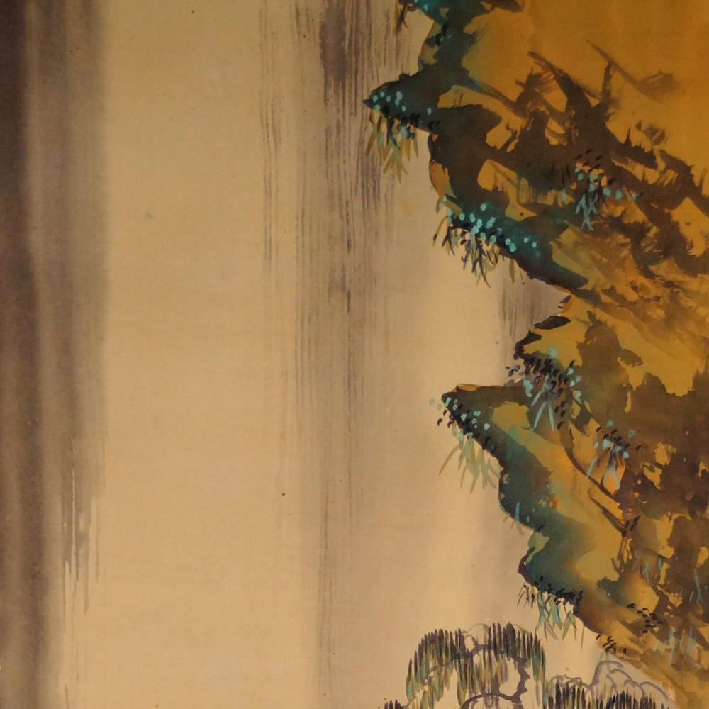 Farbige Felsklippe mit Wasserfallstreifen und Weidenbaum, Kakemono von Jodo