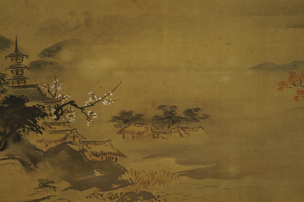 Fuji-san par Kano Ryusetsu gros plan du motif de la maison