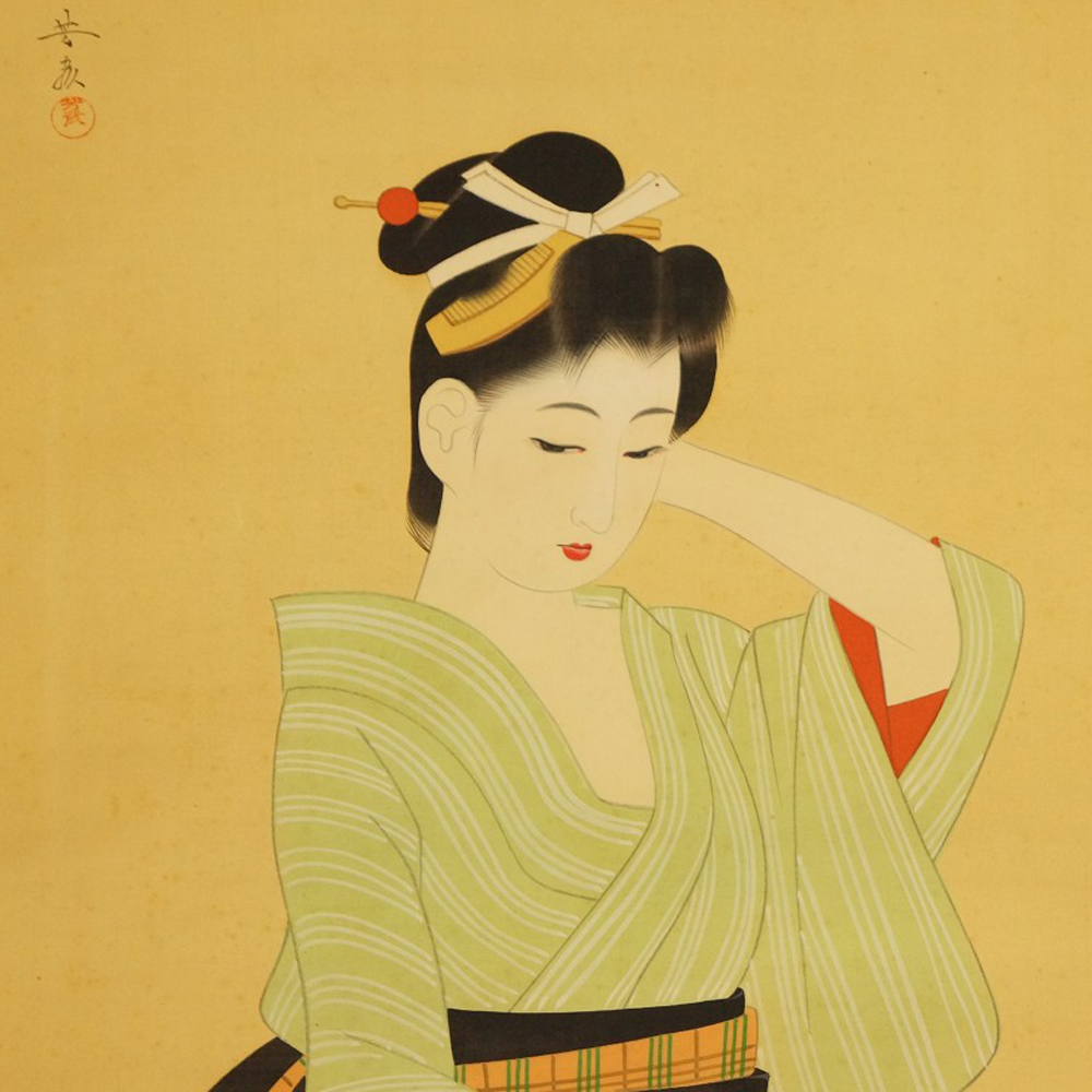 Dame im gestreiften Kimono Motiv Nahaufnahme Vorschau