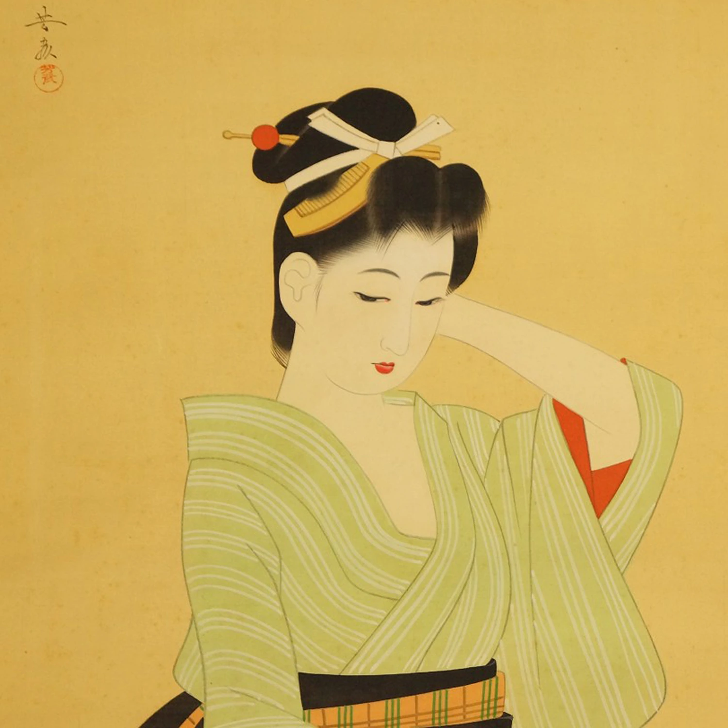 Dame im gestreiften Kimono Motiv Nahaufnahme Vorschau