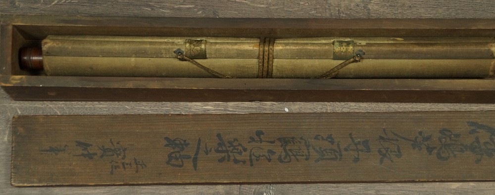Zwei Kraniche von Jikoji Sanenaka Kakemono in Aufbewahrungsbox