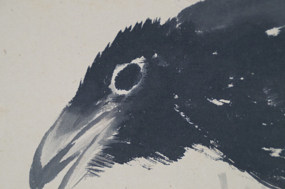 Extreme Nahaufnahme des Rabenkopfes mit dem markanten Auge im Kakemono Rabe auf kahlem Ast von Watanabe Ando