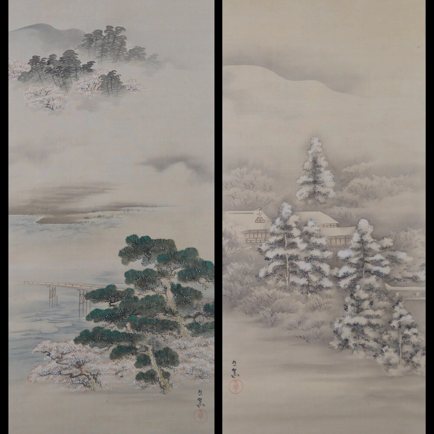 Die zwei Rollbilder Winter und Fruehling von Ikeda Kyuka nebeneinander haengend im 2er Set Kakemono