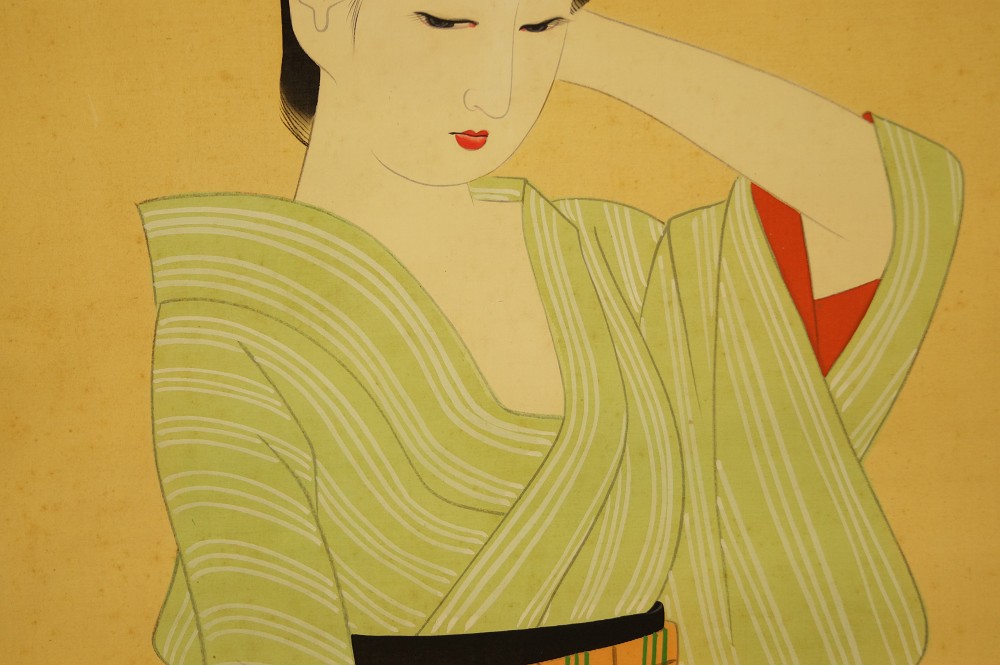 Dame im gestreiften Kimono Kimono Motiv Nahaufnahme