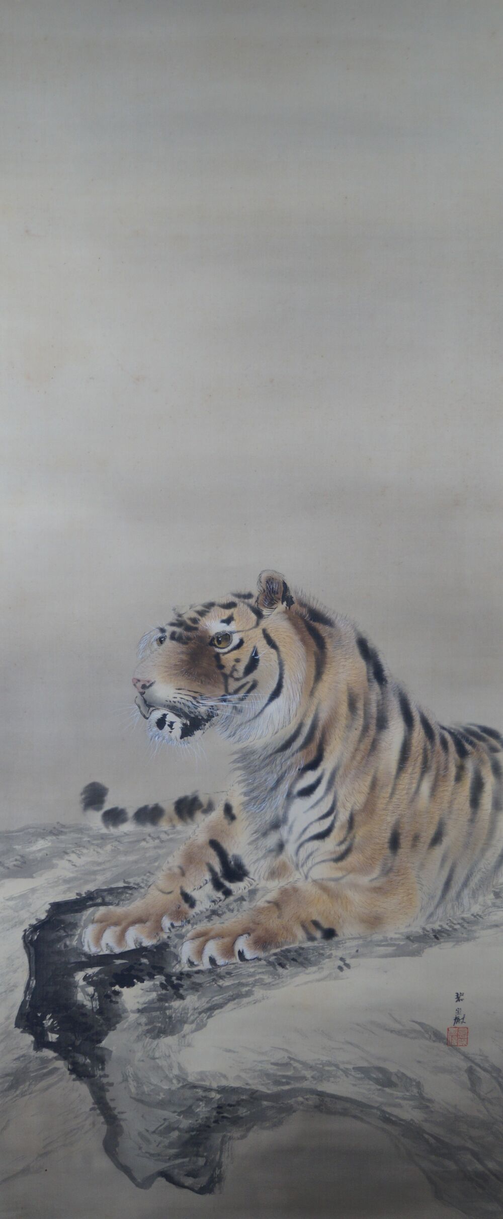 Weitere Gesamtansicht des Tigers auf dem Felsen, ohne Rahmung