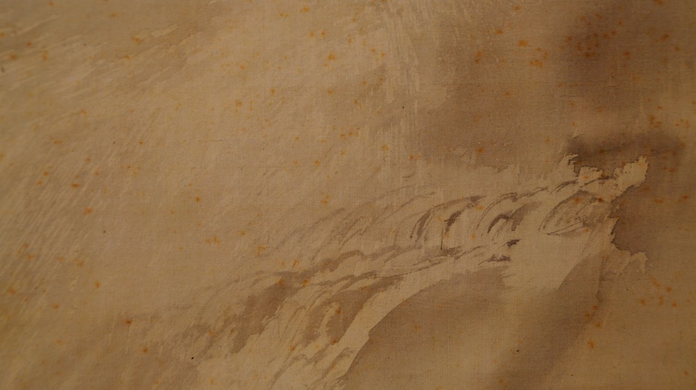 Nahaufnahme des Wasserbeckens am Fuss des Wasserfalls im Kakemono Tosender Wasserfall von Yamamoto Shunkyo
