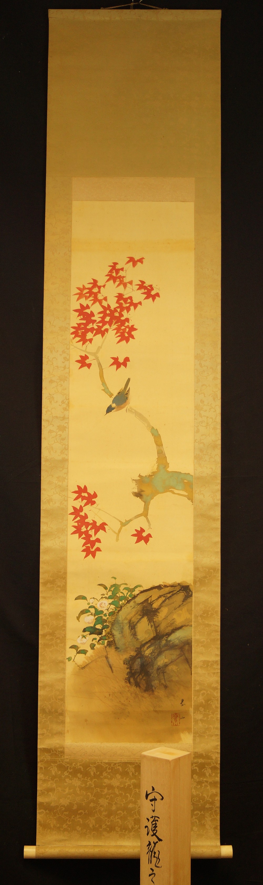 Spatz auf einem Ahornzweig von Yasuyama Tachiwaki Gesamtansicht Rollbild