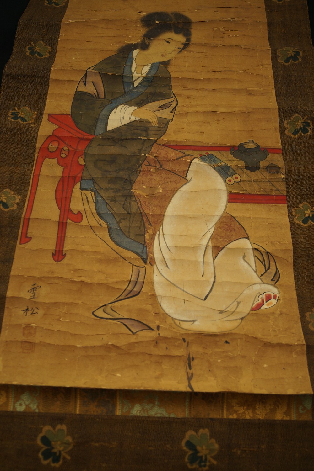 Hanging Scroll Chinese Beauty at Red Table Full Motif Detail View