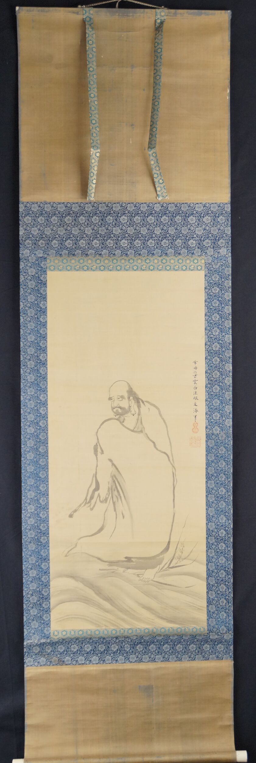 Kakemono Bodhidharma auf dem Weg von Unkoku Toban in voller gerahmter Ansicht