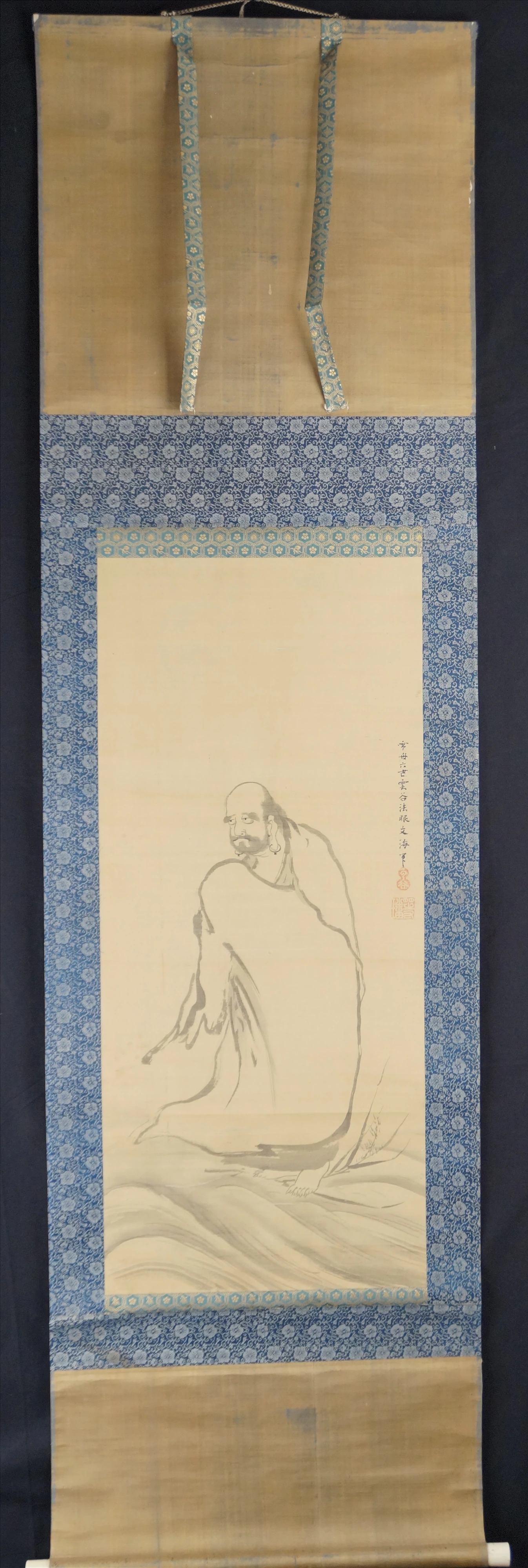 Kakemono Bodhidharma auf dem Weg von Unkoku Toban in voller gerahmter Ansicht