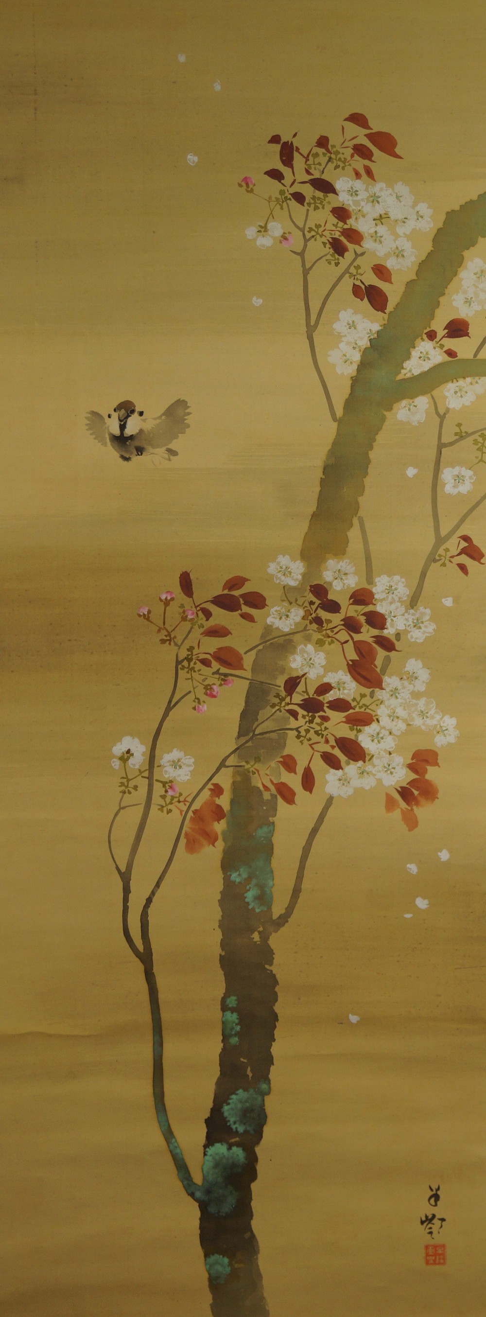 Japanisches Rollbild Spatz und Sakura Gesamtmotiv ohne Rahmung