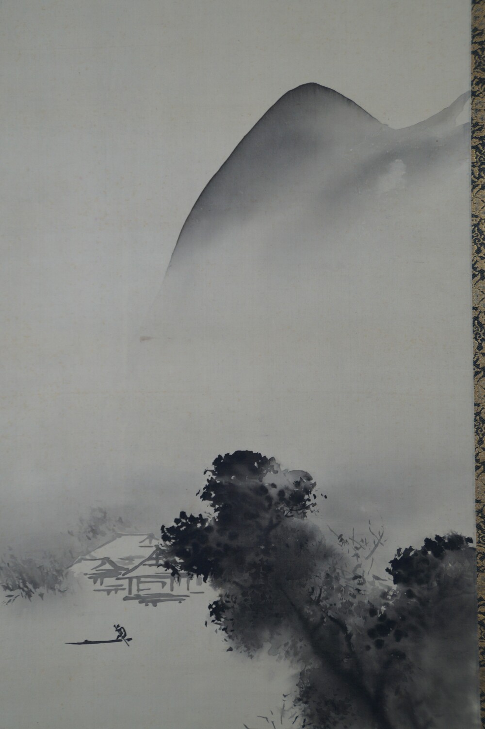 Close-Up of the Mountain with House on the Shore, Trees and Fishing Boat in the Hanging Scroll House in the Mist on a Mountain Slope by Hashimoto Gaho
