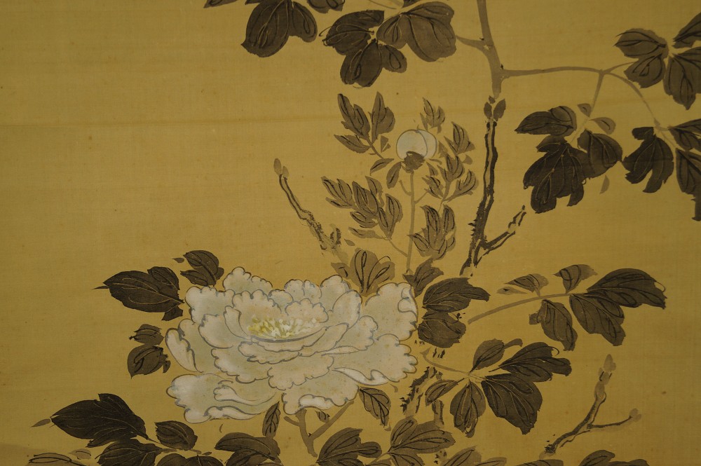 Spatzen und Chrysanthemen Rollbild Chrysanthemen-Motiv Nahaufnahme 2