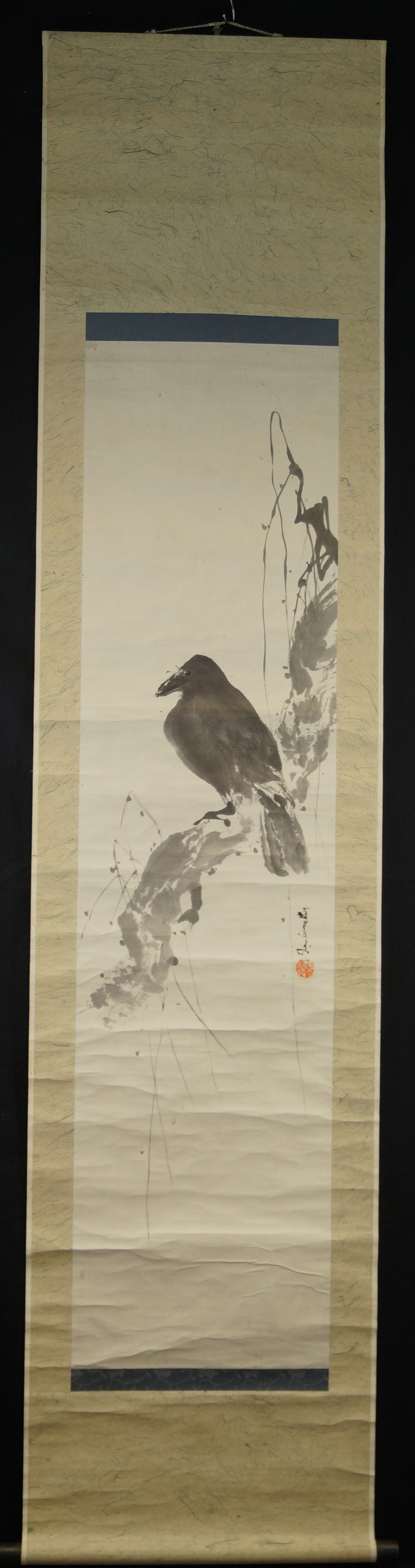 Crow in Autumn Branches Full View Hanging Scroll