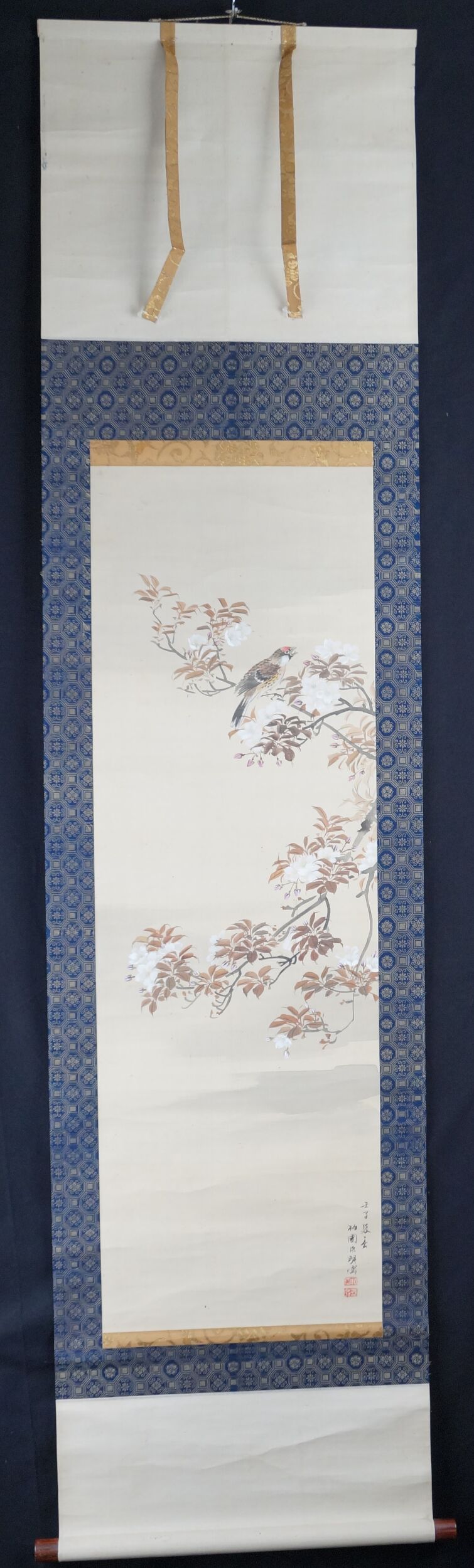 Kakemono Singender Vogel im Kirschbluetenzweig von Hirose Hakuen in voller gerahmter Ansicht