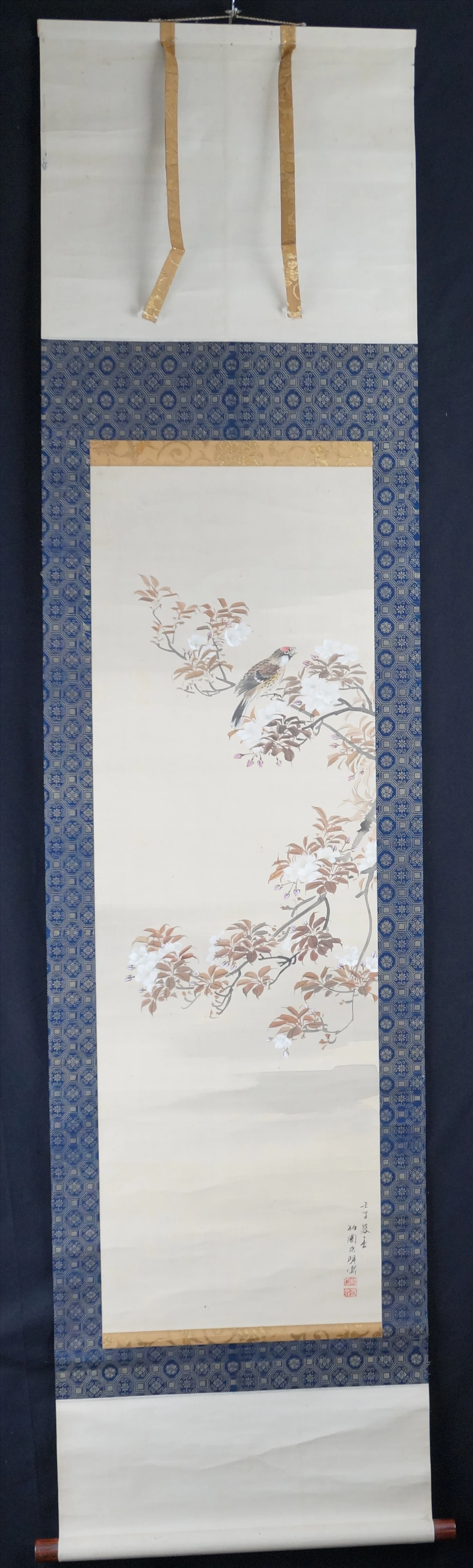 Kakemono Singender Vogel im Kirschbluetenzweig von Hirose Hakuen in voller gerahmter Ansicht