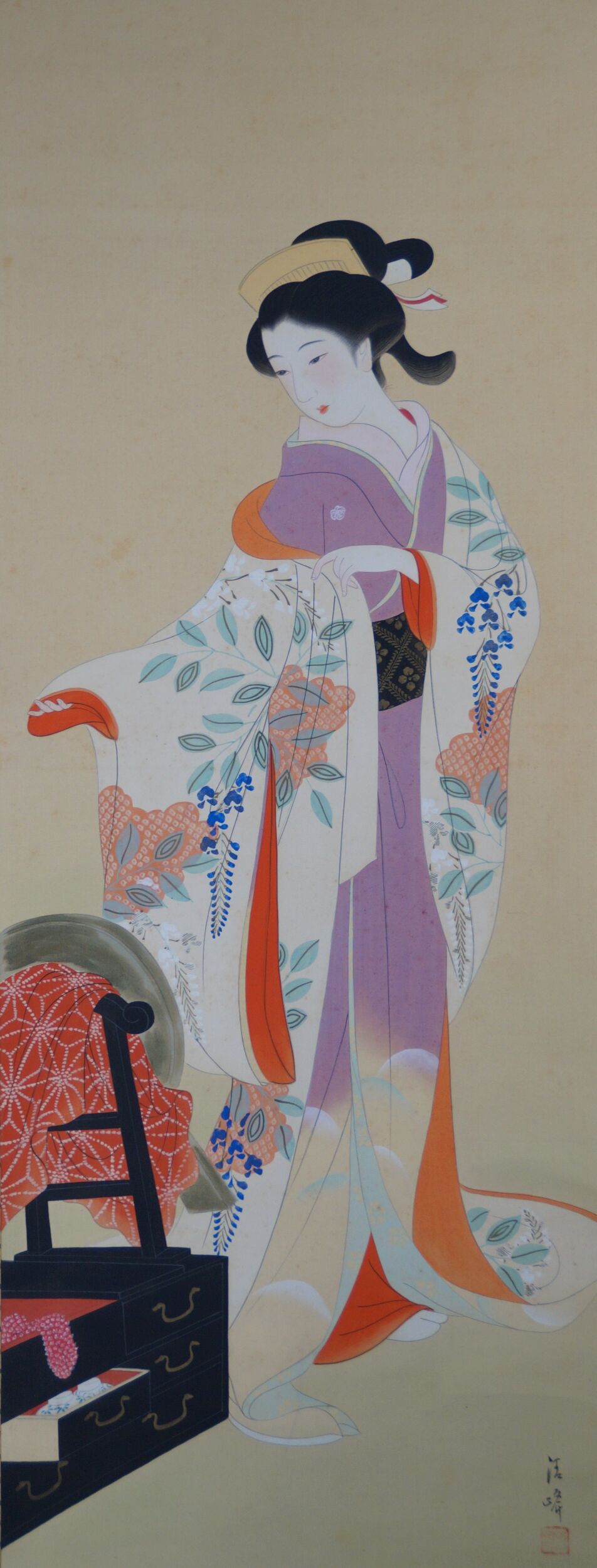 Motif complet du Kakemono Jeune femme devant son armoire à kimono avec signature de l'artiste, sans montage