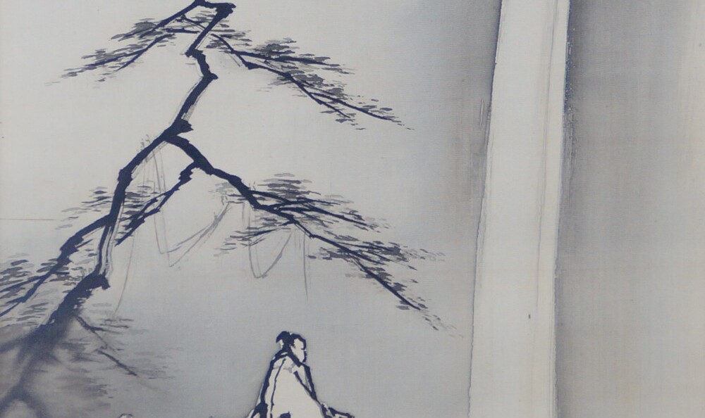 Kakemono von Yagioka Shunzan: Szene am Rand eines Wasserfalls, in Tusche und Farbe.