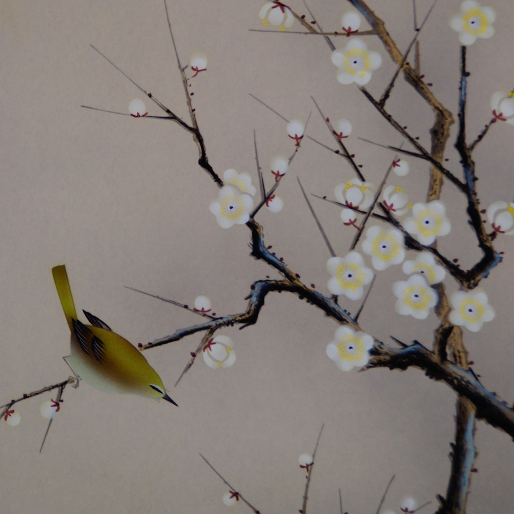 Kakemono Honshi Vogel und Pflaumenblüten Showa Zeit