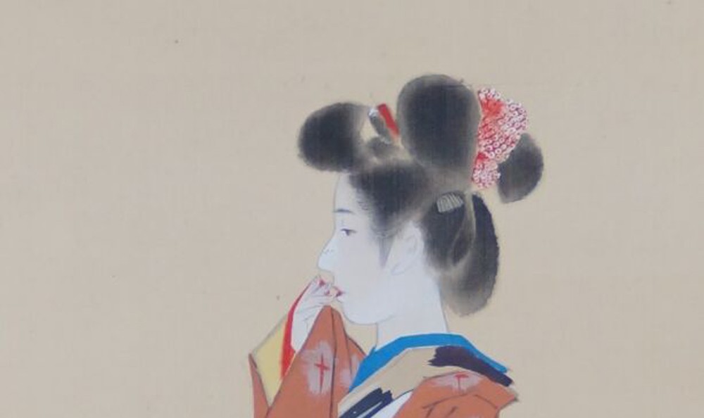 Kakemono von Saeki Shunkō: Frauengestalt im Kimono, Gesicht im Detail.