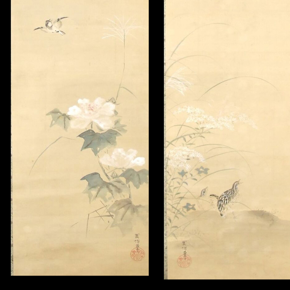 Full motif of both hanging scrolls of the Birds and Autumn Flowers set side by side, without mounting