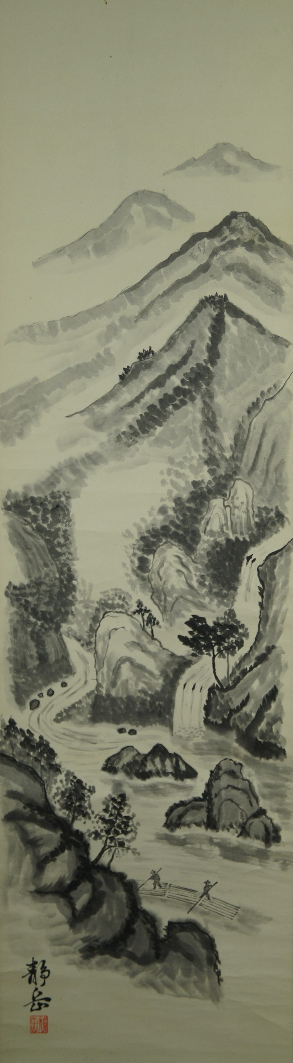 Landschaft mit Wasserfall und Floessern Gesamtansicht des Gemaeldes ohne Rahmung Gesamtmotiv ohne Rahmung