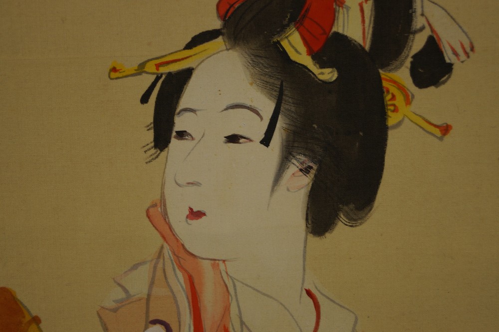 Rollo colgante japonés belleza y flores de cerezo primer plano del motivo del rostro